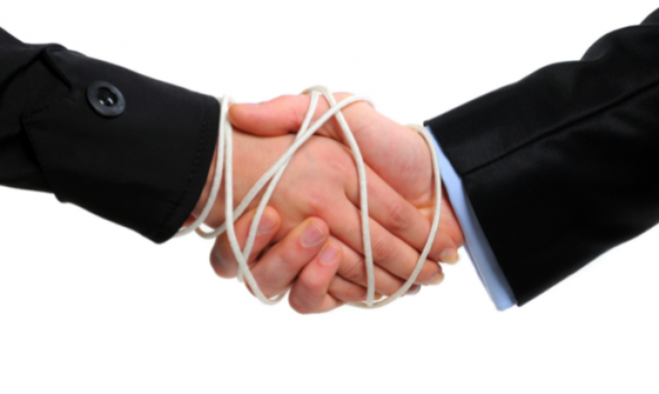 Two men shaking hands with white rope binding them